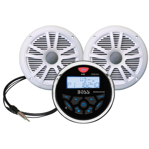 Boss Audio - Boss Audio MCKGB350W.6 Combo - Marine Gauge Radio w/Antenna &amp; 2 6.5" Speakers - White